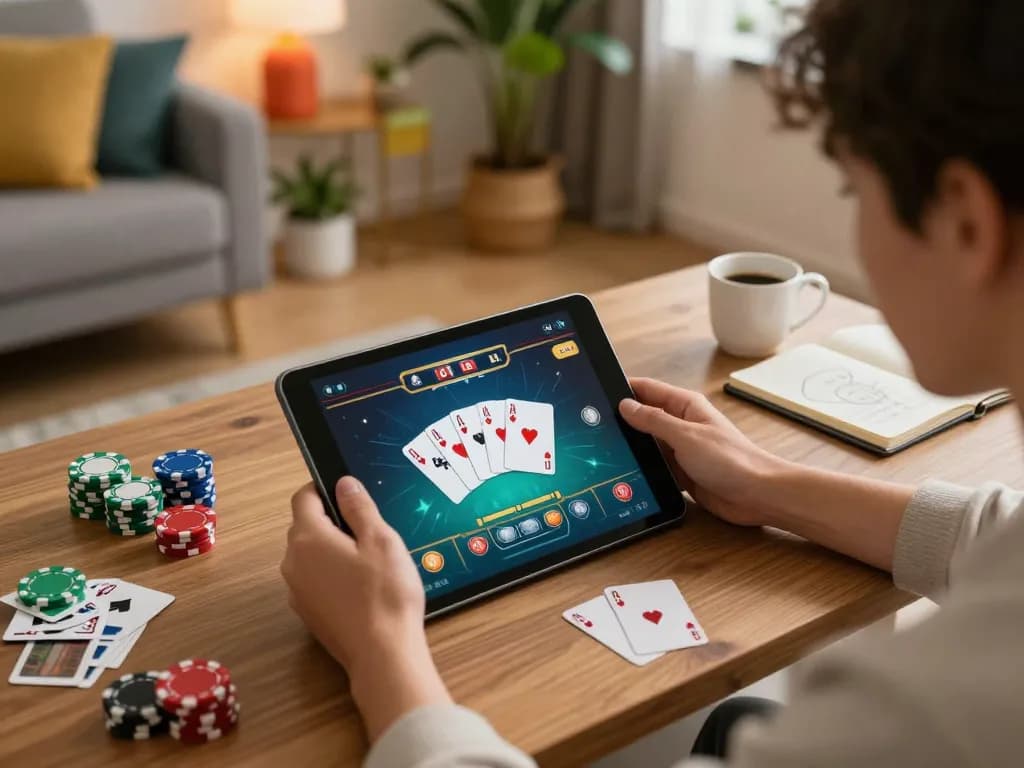 Player enjoying iwin club poker game on tablet in cozy home setting, showcasing strategic gameplay.