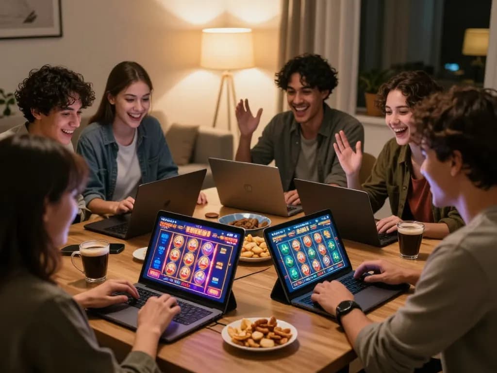 Players celebrating a win at home with link gacor visible on screen, engaging in thrilling online gambling.