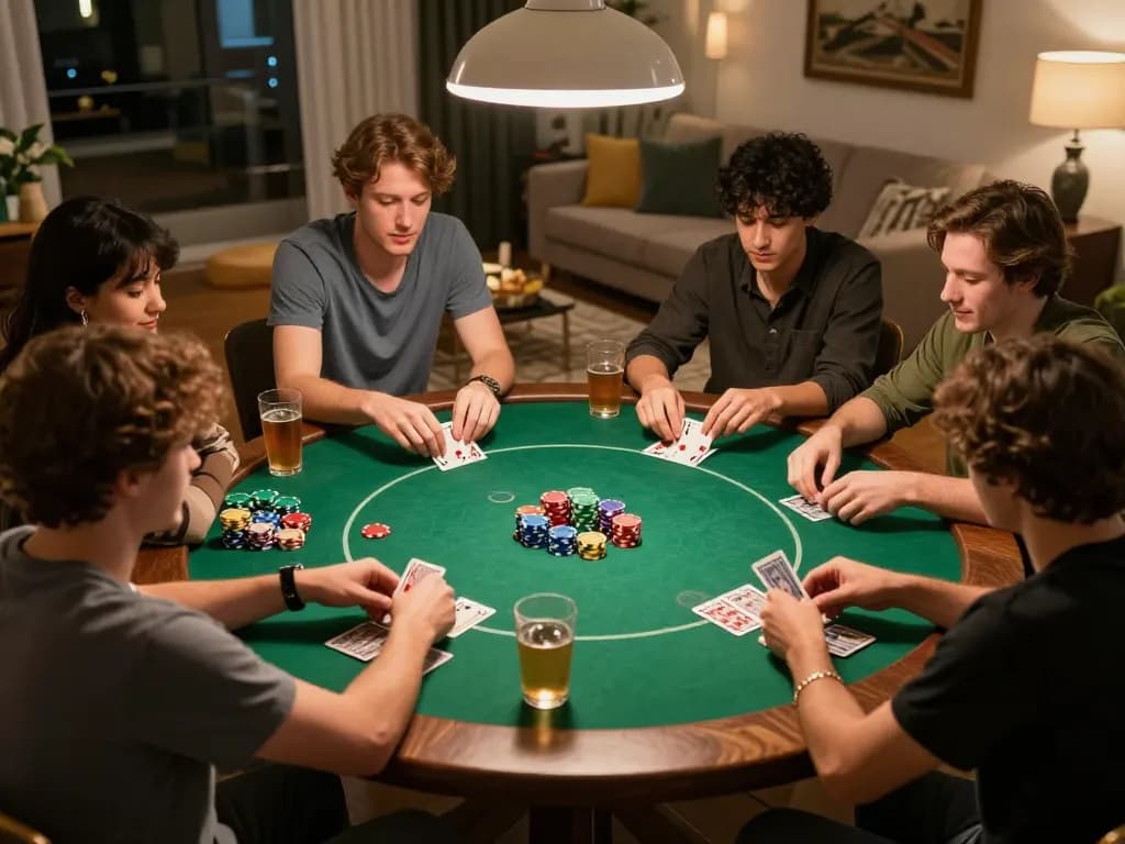 Friends enjoying a poker night at home, enhancing their F168 gaming experience with vibrant gameplay.