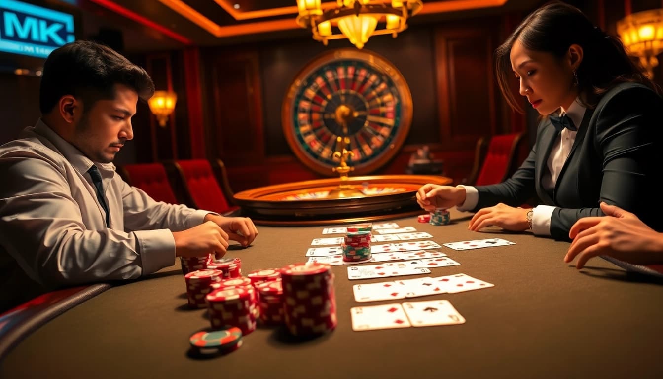 Experience high-stakes gambling at MK8, showcasing a luxurious poker table and engaging players.