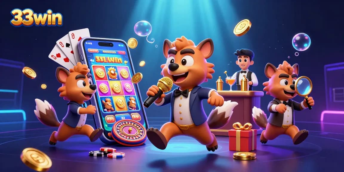 Engage in the vibrant world of 33win with hyenas at a comedy casino, featuring slot games and gaming elements.