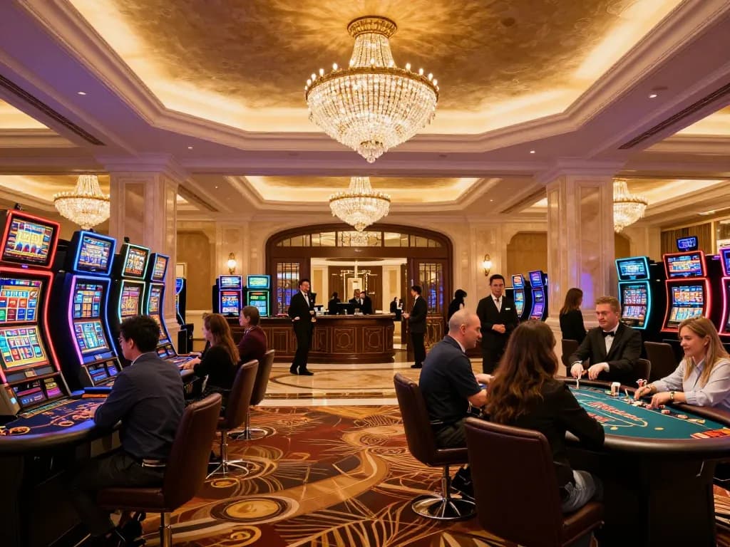 Fabet patrons enjoying a vibrant casino atmosphere with tables and slot machines.