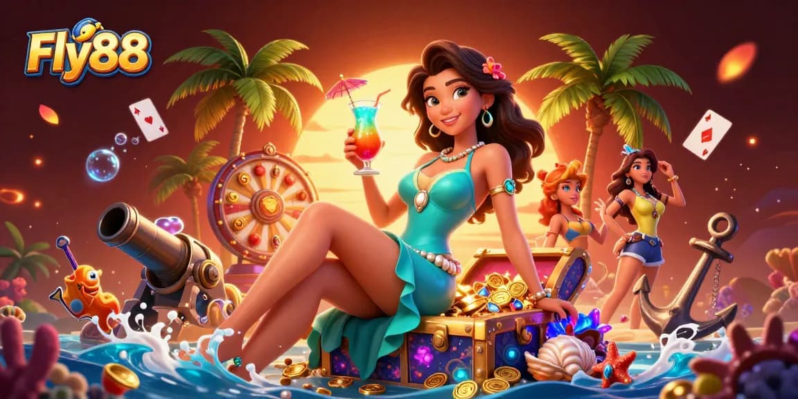 Engage with Fly88's vibrant casino scene featuring a glamorous woman celebrating wins with tropical flair.