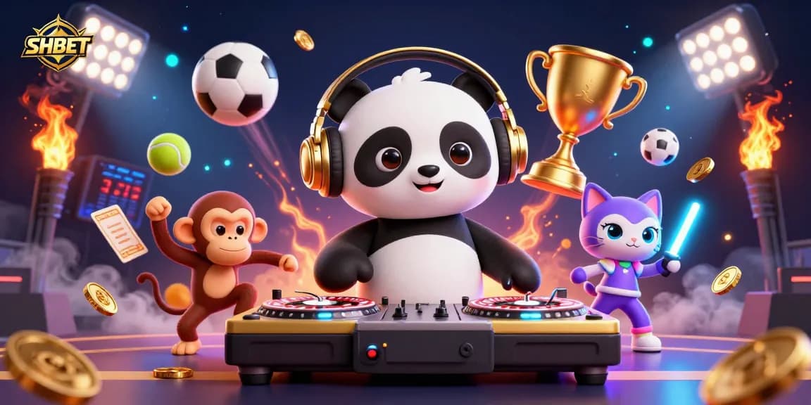 Experience winning at SHBET with a vibrant 3D digital illustration featuring casino-themed characters and gaming elements.