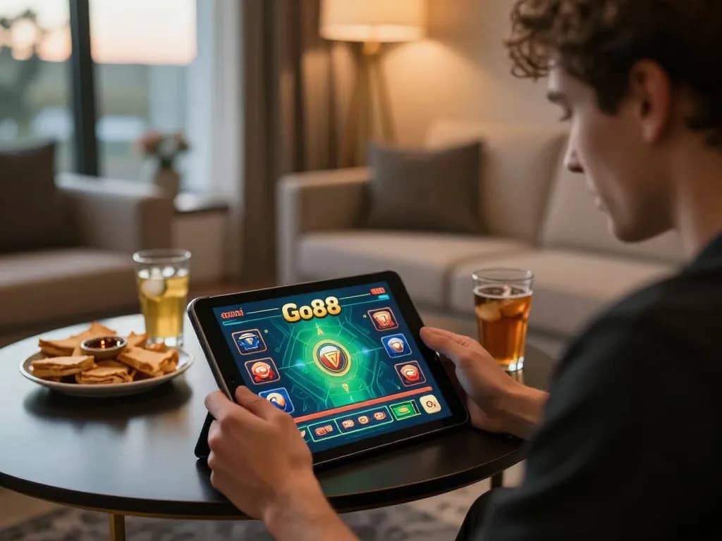 Player analyzing game strategies on Go88 platform while enjoying a cozy home setup.