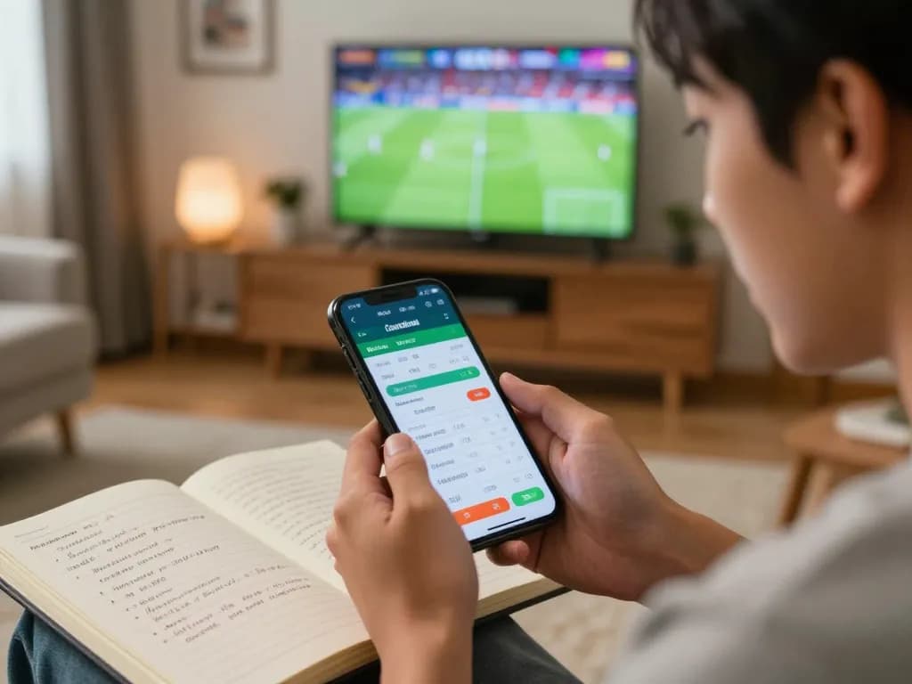 Person engaging with the cacuocbongda betting app on smartphone while watching a live football match.