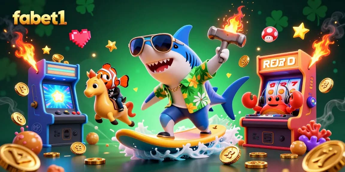Experience fabet1's vibrant casino adventure with a shark surfing coins and a DJ crab!