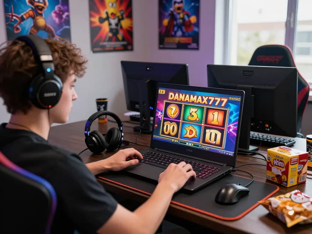 Suasana menarik seorang gamer bermain slot DANAMAX777 secara online, grafis berwarna-warni dan aksesoris permainan yang meningkatkan atmosfer.