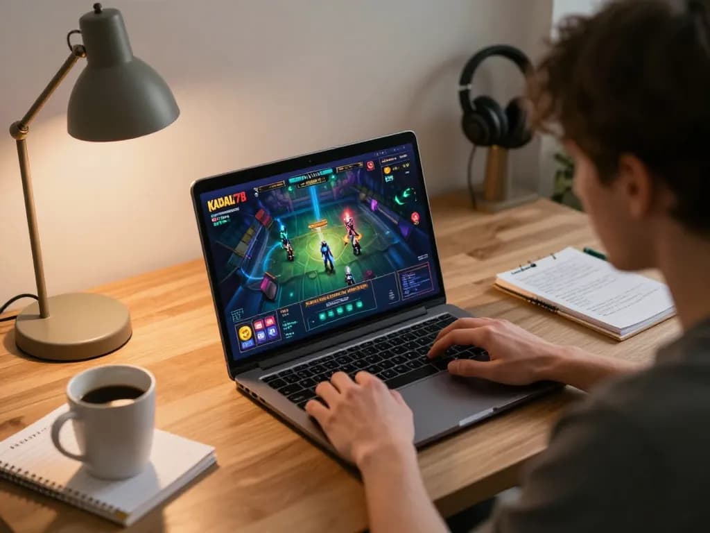 KADAL778 player engaging with interactive casino games on a modern laptop at home.
