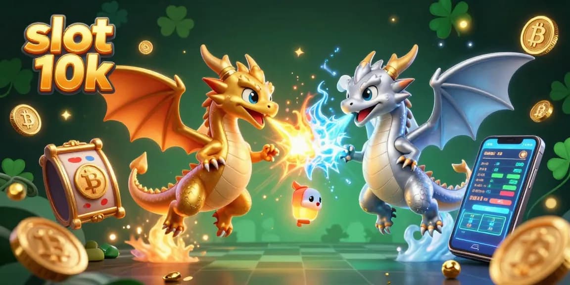 Experience the thrill of slot 10k as twin dragons battle amidst vibrant casino elements in a dynamic 3D scene.