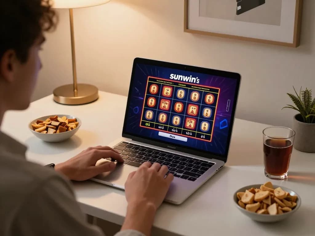 Player engaging with sunwin online casino platform while betting on a slot game in a cozy home setting.