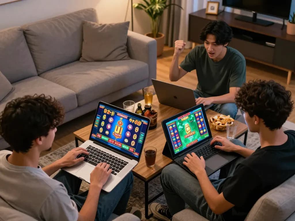 LIGA2000 online slot game excitement with players celebrating wins in a cozy home setting