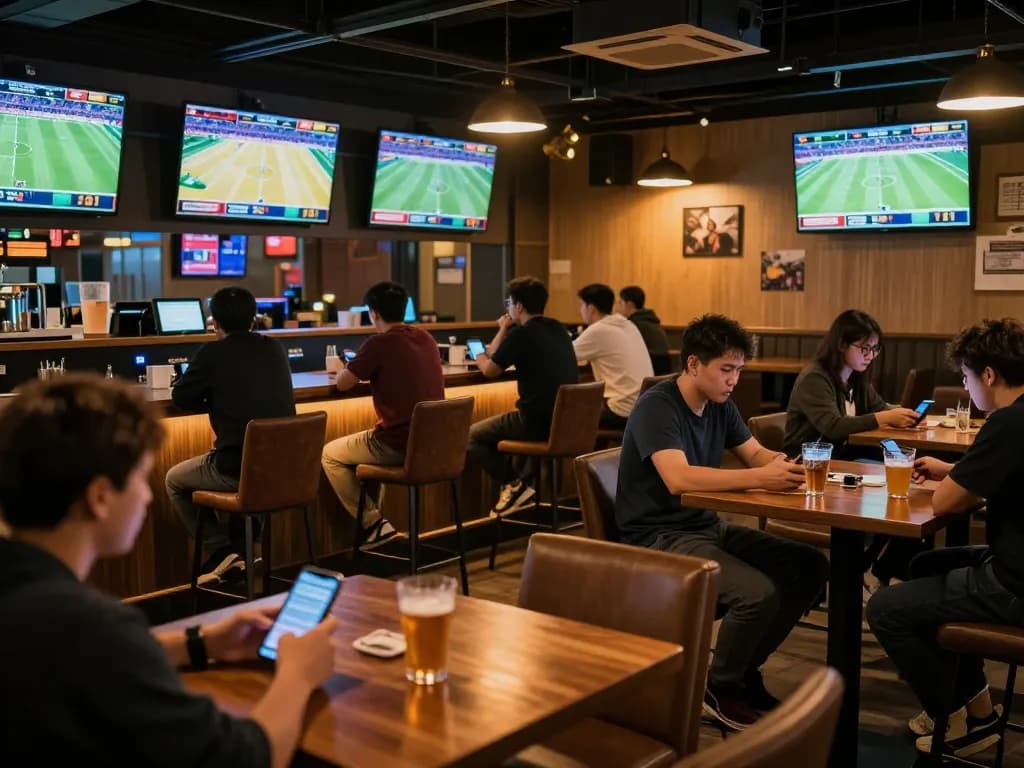 Sports fans using Nowgoal app to track live scores and place bets in an energetic sports bar environment.