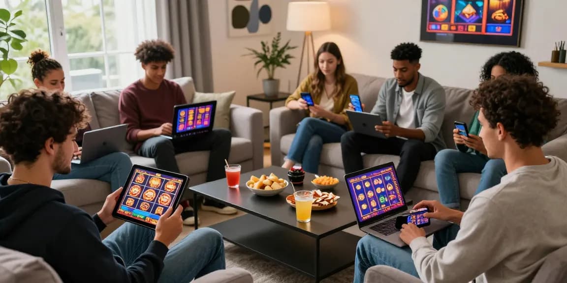 Engaging scene of players enjoying new UK slot sites on multiple devices, showcasing vibrant graphics and a cozy gaming atmosphere.