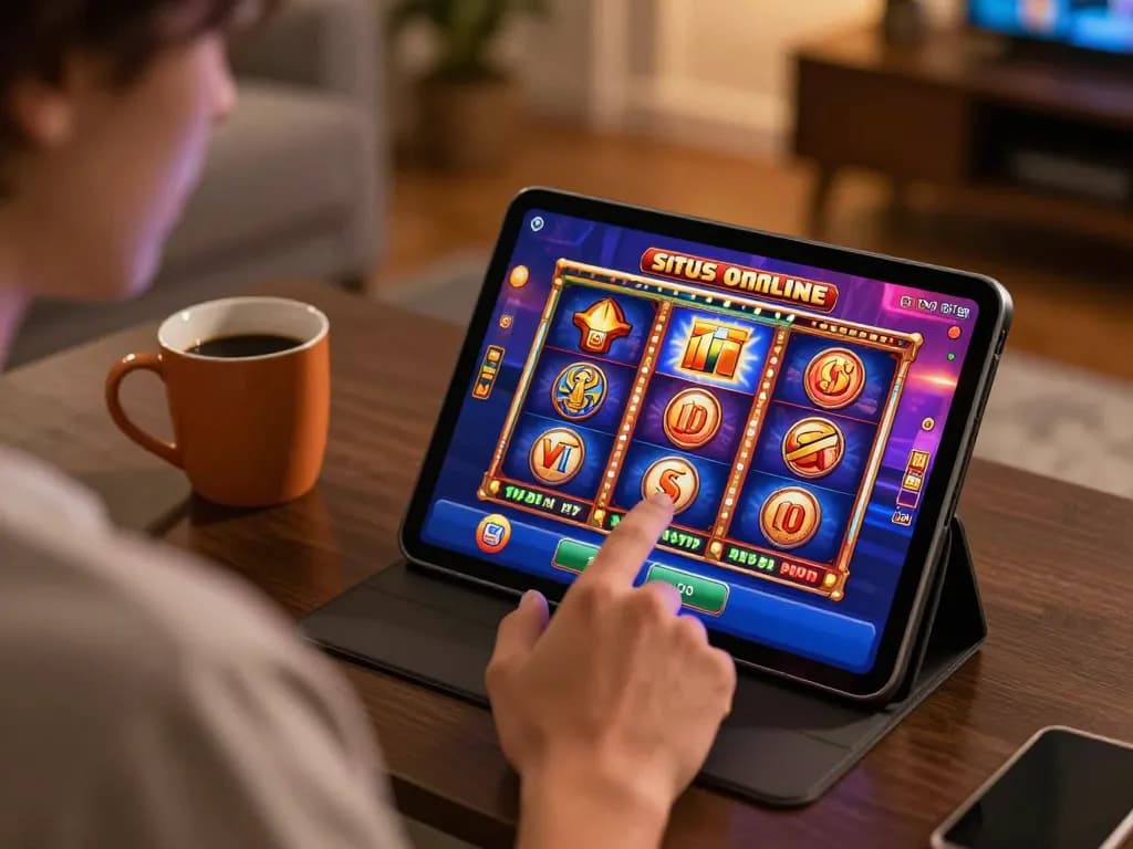 Terlibat dalam permainan situs slot online di tablet dalam suasana rumah yang nyaman.