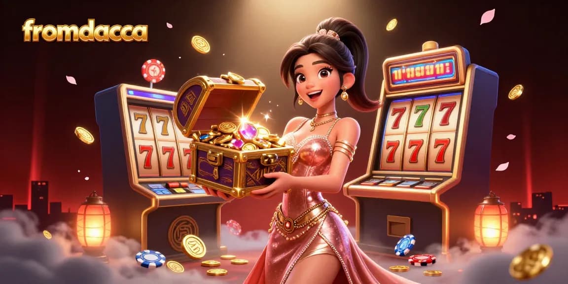 Experience thrilling wins at fromdacca with a dazzling treasure chest filled with golden coins in this exciting casino scene.