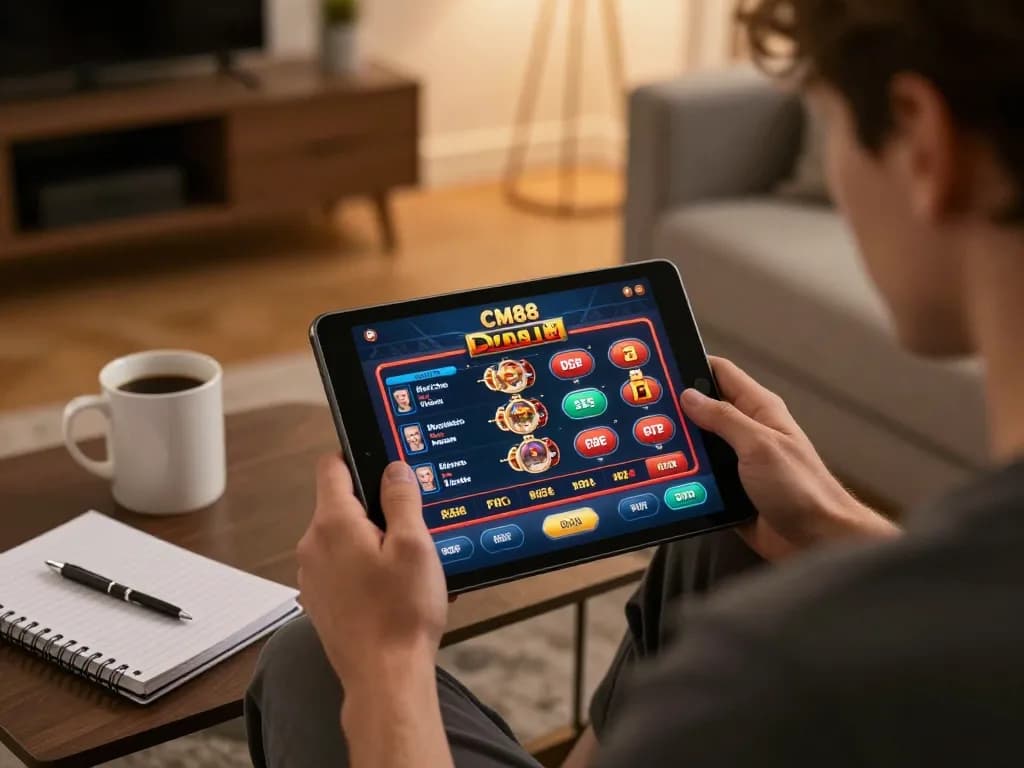 Engaging in online gambling at CM88 from a cozy home setting, highlighting strategic gameplay.