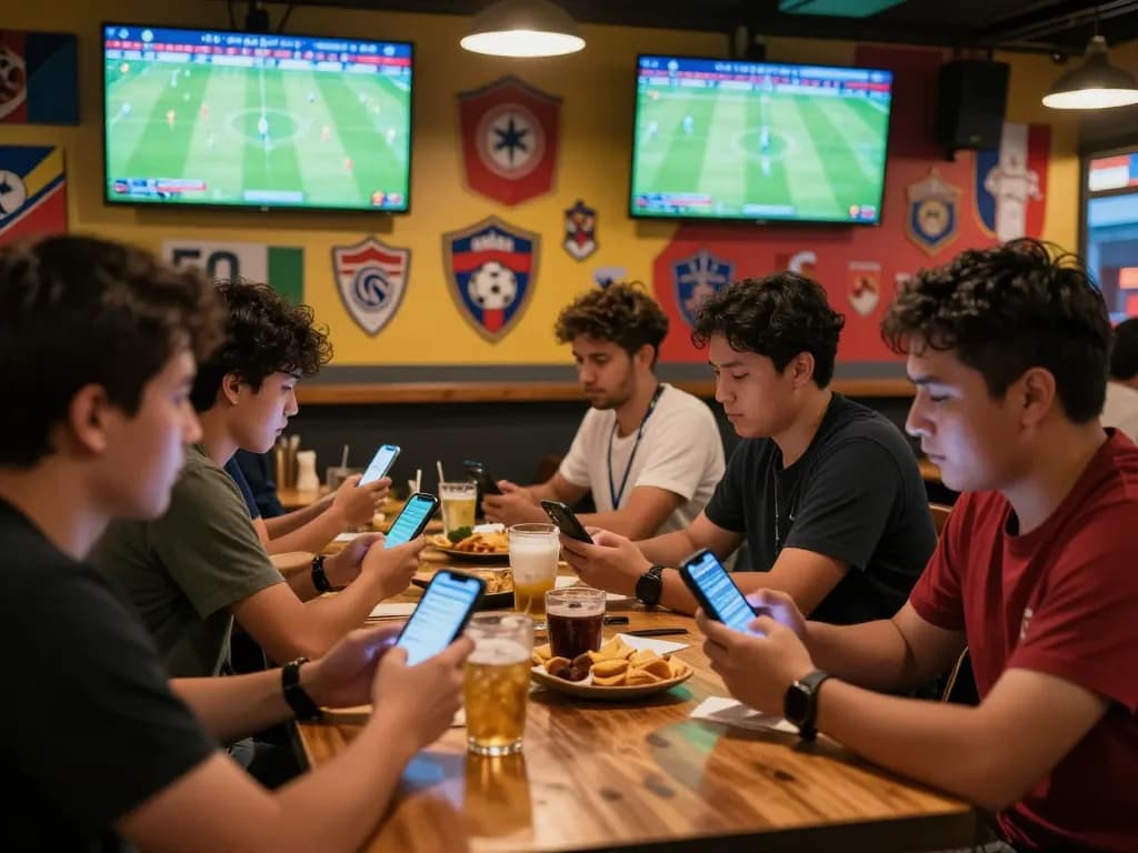 Fans excitedly placing bets online while watching trực tiếp bóng đá hôm nay in a vibrant sports bar.