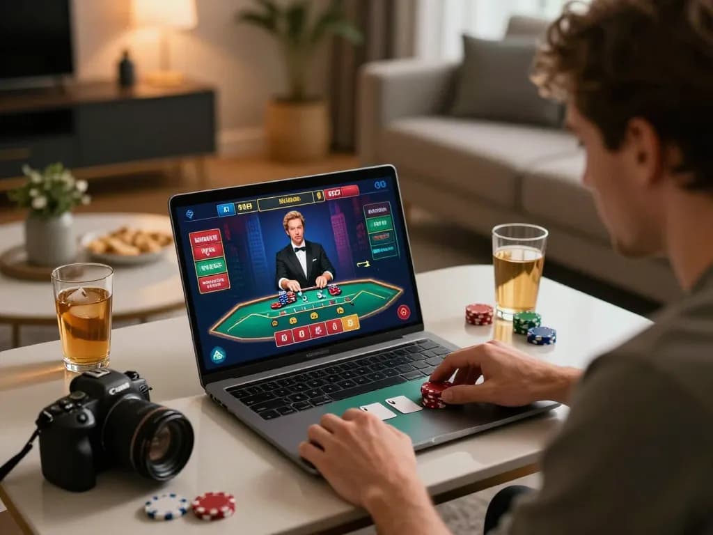 Player engaging in live blackjack on sunwin platform, showcasing responsible online gambling setup with snacks and drinks