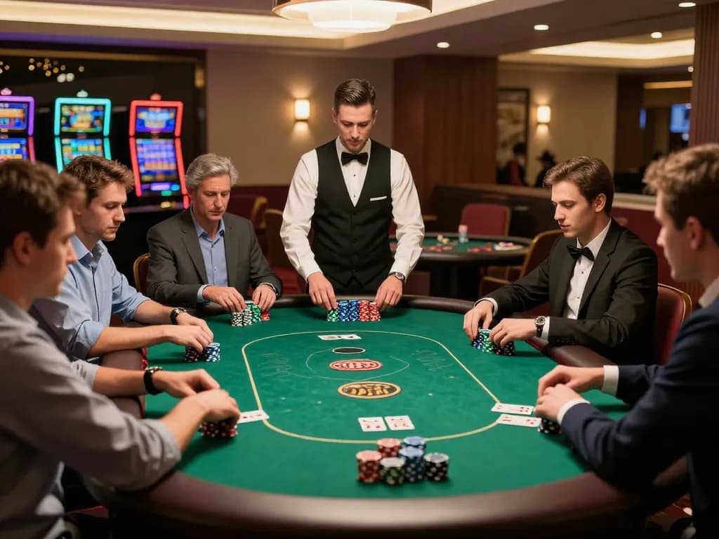 Players strategizing and placing bets in an exciting 988slot poker game at a modern casino.