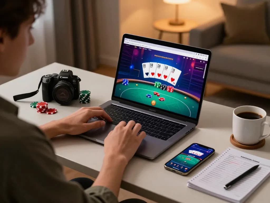 Experience F168 online poker action with a cozy gaming setup featuring laptop gameplay.