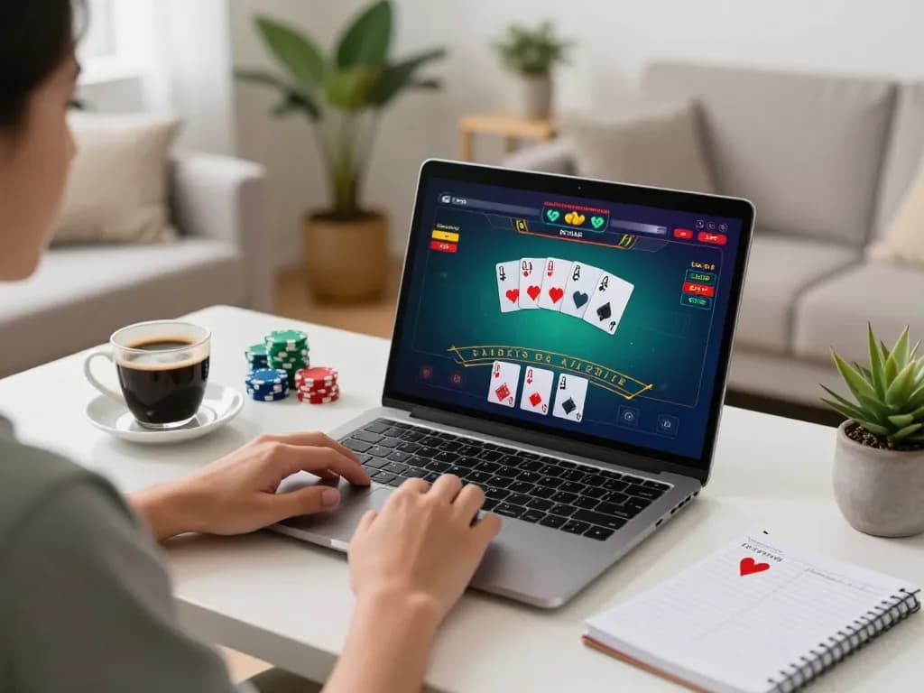 An engaged player participating in an online blackjack game on f8beta2 platform with a laptop, strategic notes nearby.