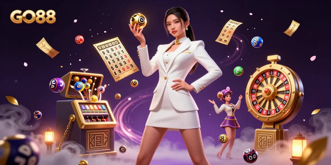 Experience the thrill of GO88 with a glamorous Asian woman holding roulette ball amid vibrant casino elements.