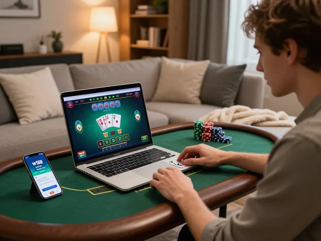 Engage in exciting blackjack gameplay with w188 on a stylish laptop at home