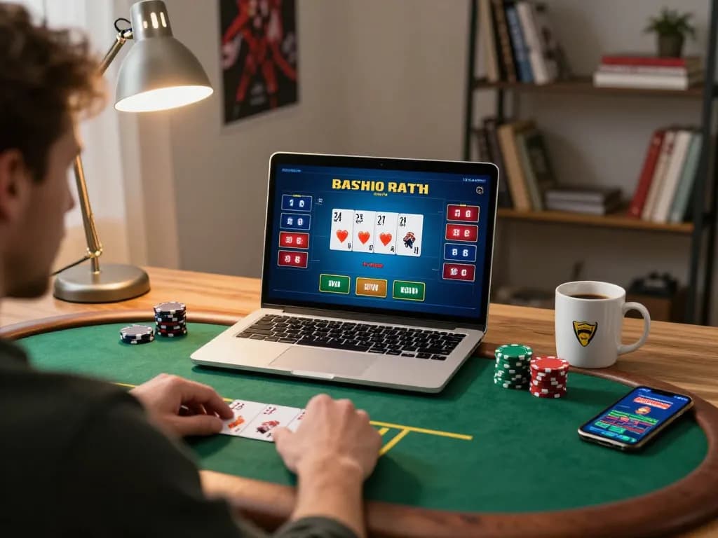 Engaging in online poker gameplay at RR88 with focused strategy and vibrant screen display.
