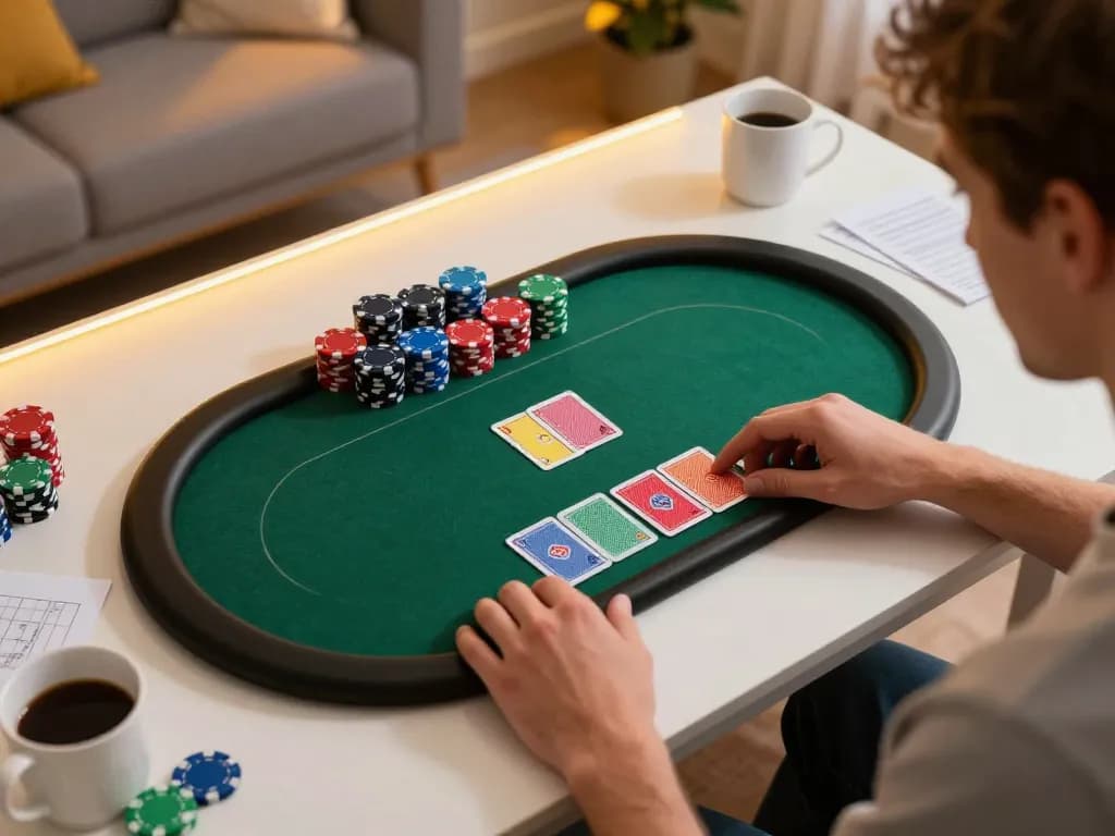 Playing poker online with sun win platform on a tablet, showcasing vibrant game interface and cozy setting