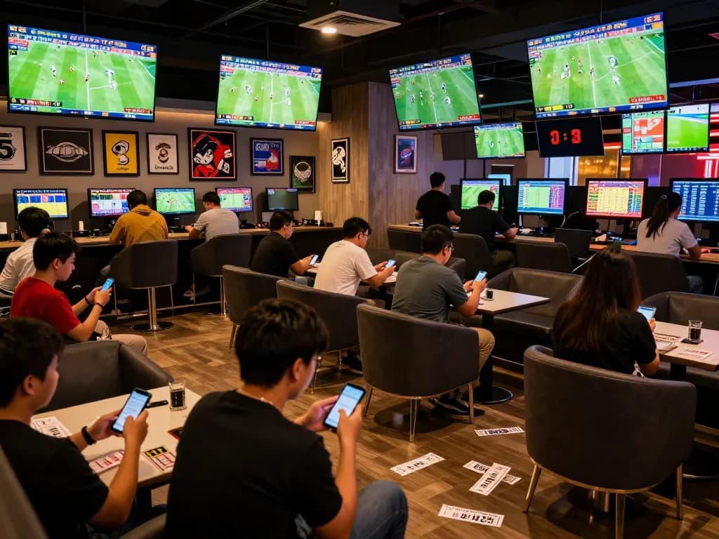 Excited bettors analyzing kèo nhà cái 5 in a modern sports betting lounge.
