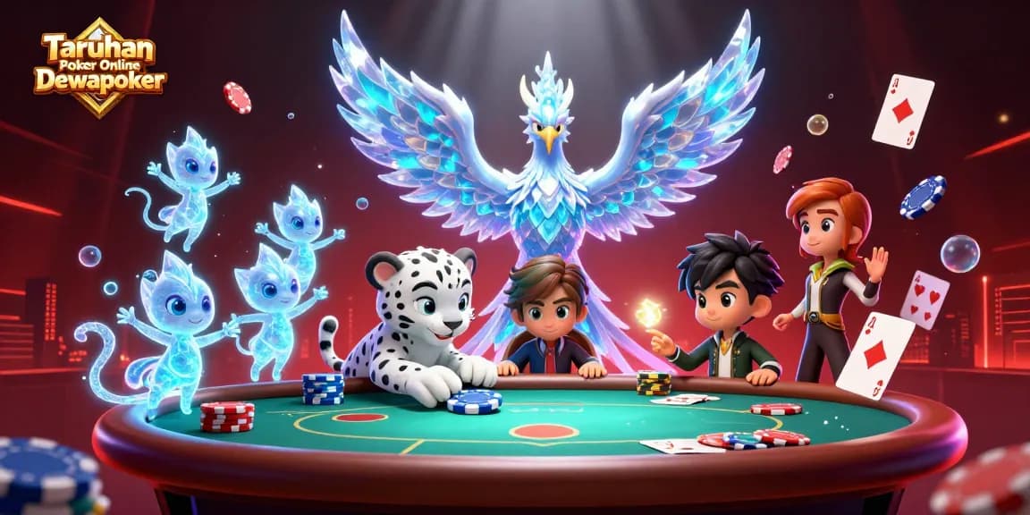 Engage in Taruhan Poker Online Dewapoker with vibrant poker action featuring colorful chips and dynamic characters.