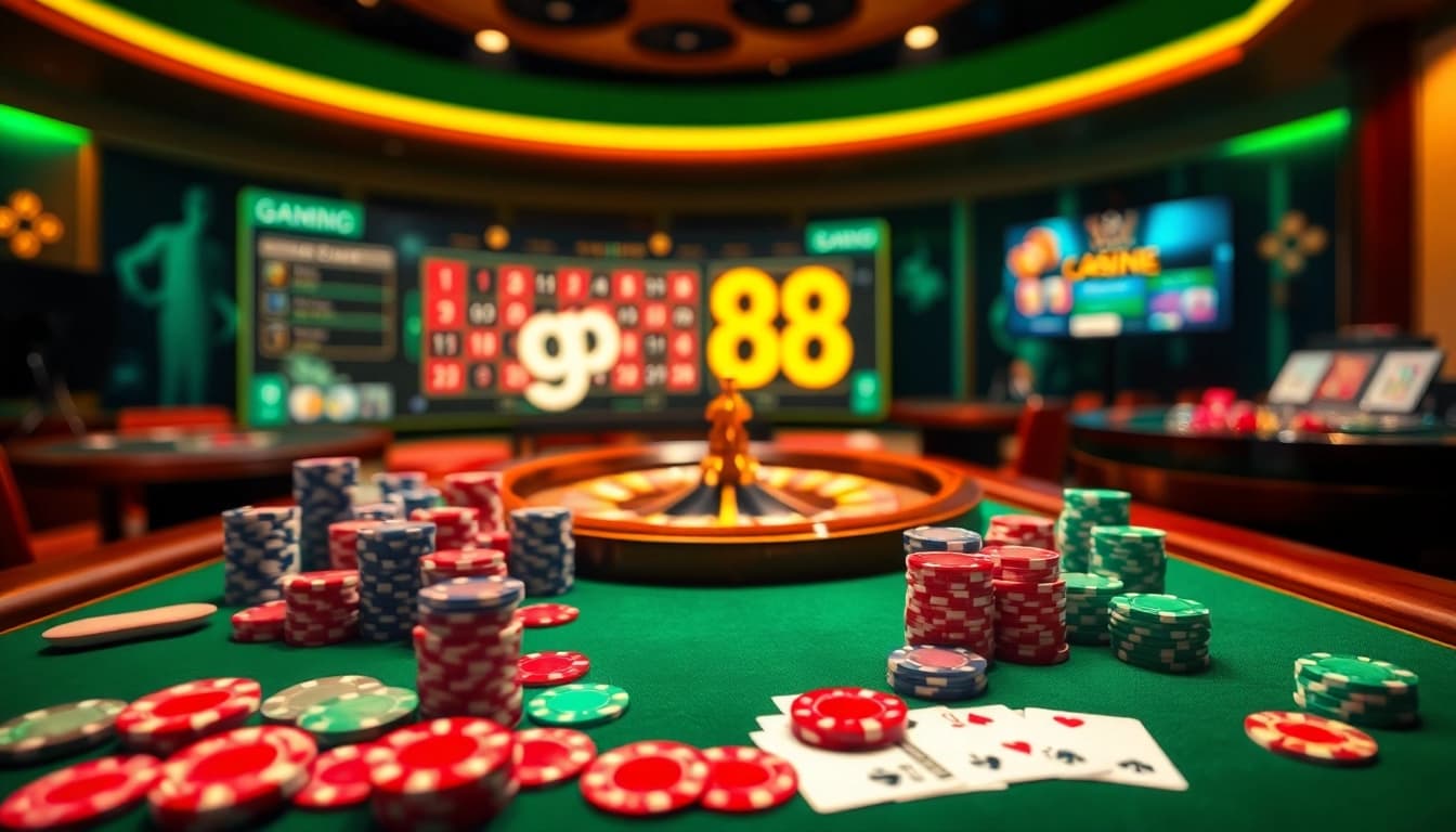 Experience the thrill of casino gaming as you tải game go88 with vibrant poker chips and cards.