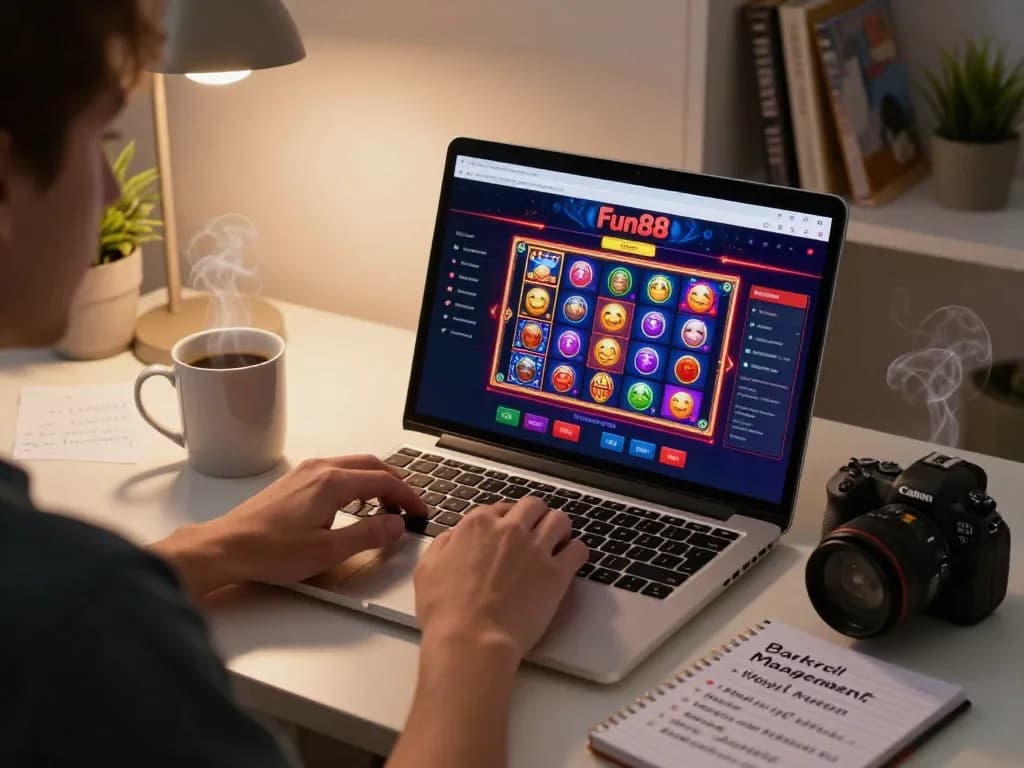Play Fun88 online casino games from a stylish home setup with strategic notes visible.