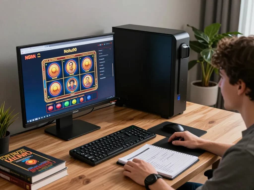 Nohu90 player enjoying a slot game on a modern home gaming setup, showcasing responsible gambling practices.