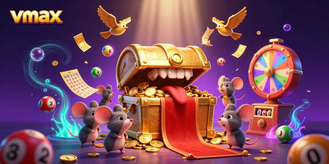 Experience the excitement of vmax with vibrant lottery balls and golden treasures swirling in this dynamic casino scene.