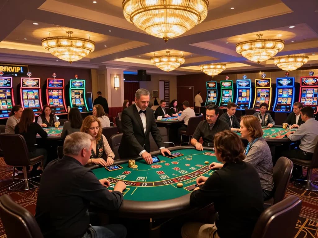 Players enjoying a winning hand at RIKVIP's casino, vibrant atmosphere full of excitement