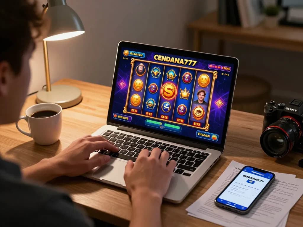 CENDANA777 online gaming setup showcasing an immersive slot game interface, engaging players strategically.