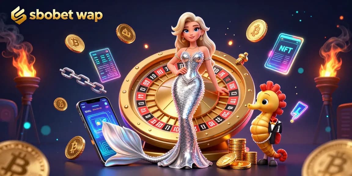 Engage with sbobet wap in this vibrant illustration featuring a dazzling roulette wheel and dynamic characters.