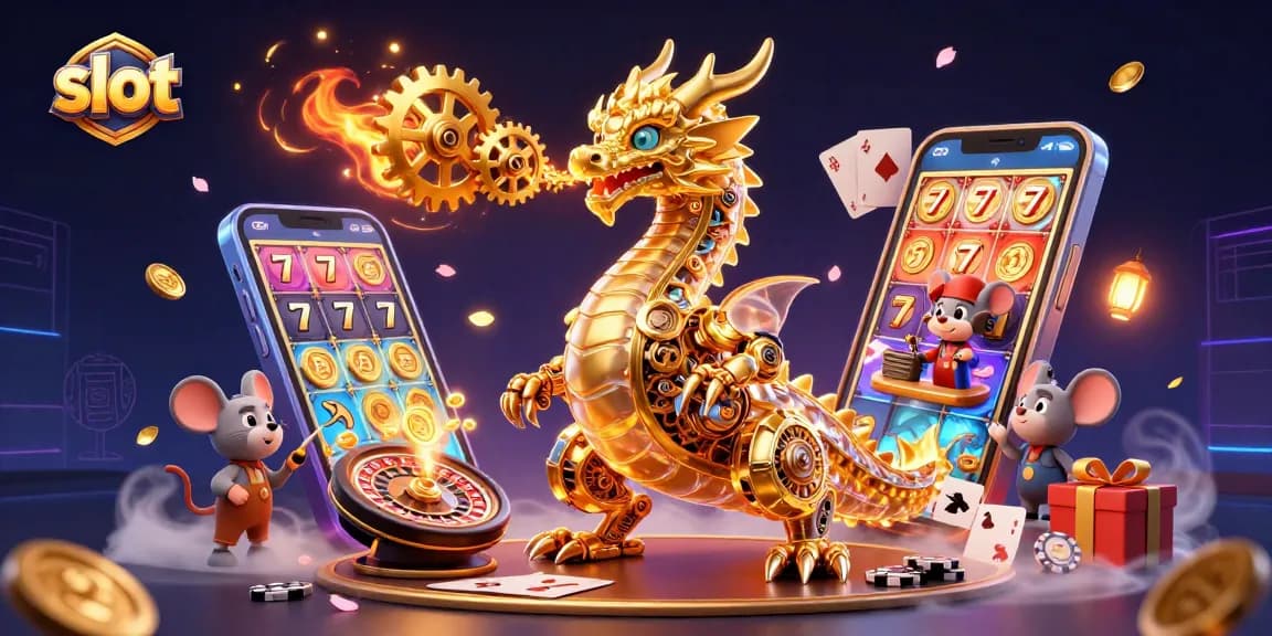 Experience thrilling slot action with vibrant 3D illustrations of a golden dragon and slot game elements.
