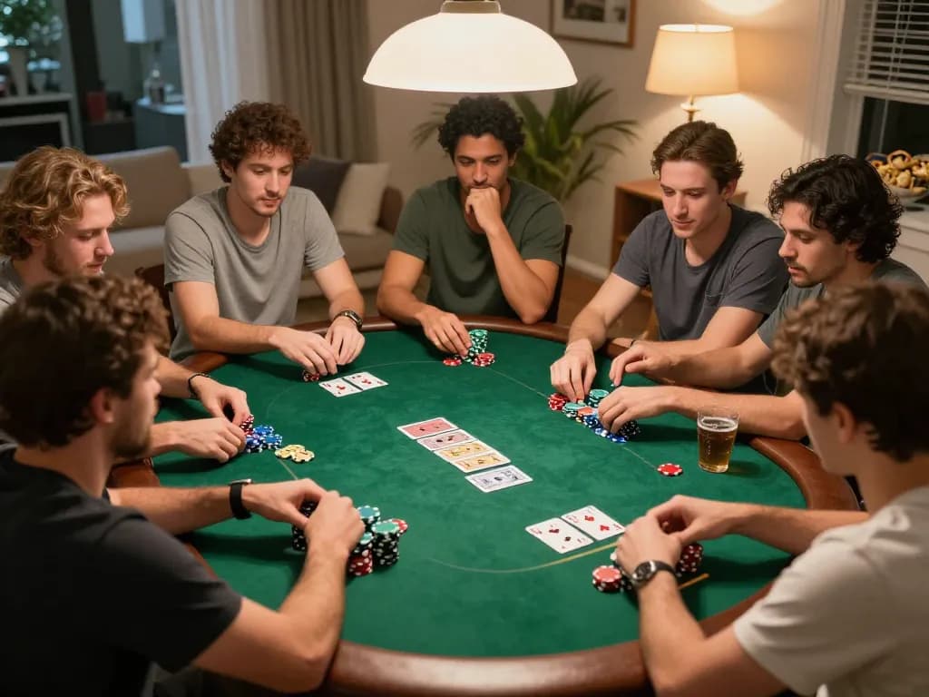 Friends enjoy a thrilling poker night at home while using gen-e strategies for winning cards.