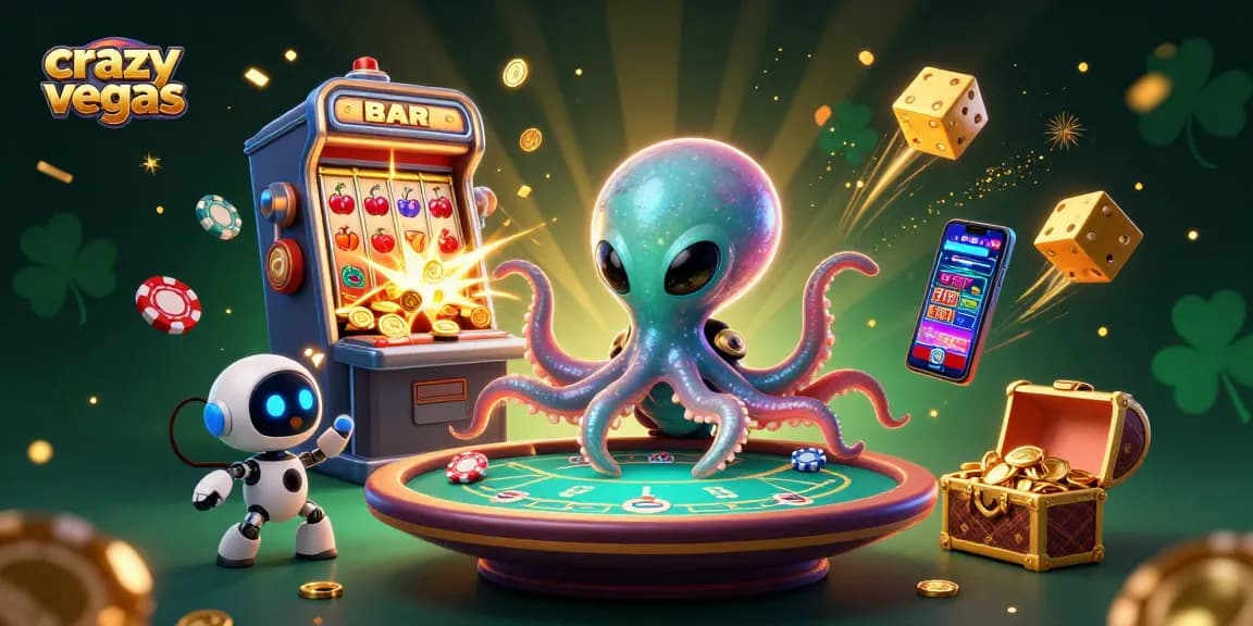 Experience the thrill of crazyvegas with an alien octopus at a lively poker table amidst dynamic casino elements.