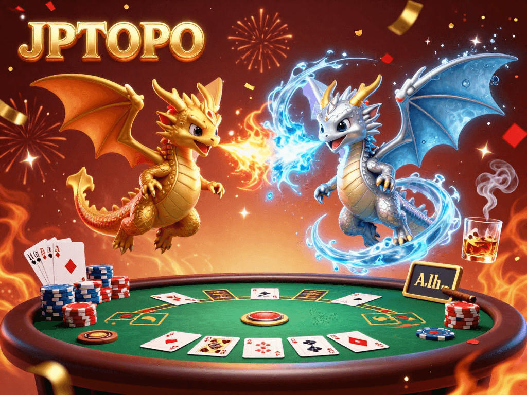 Engage in thrilling gameplay with JPTOTO as dragon-themed action unfolds around a vibrant poker setup.