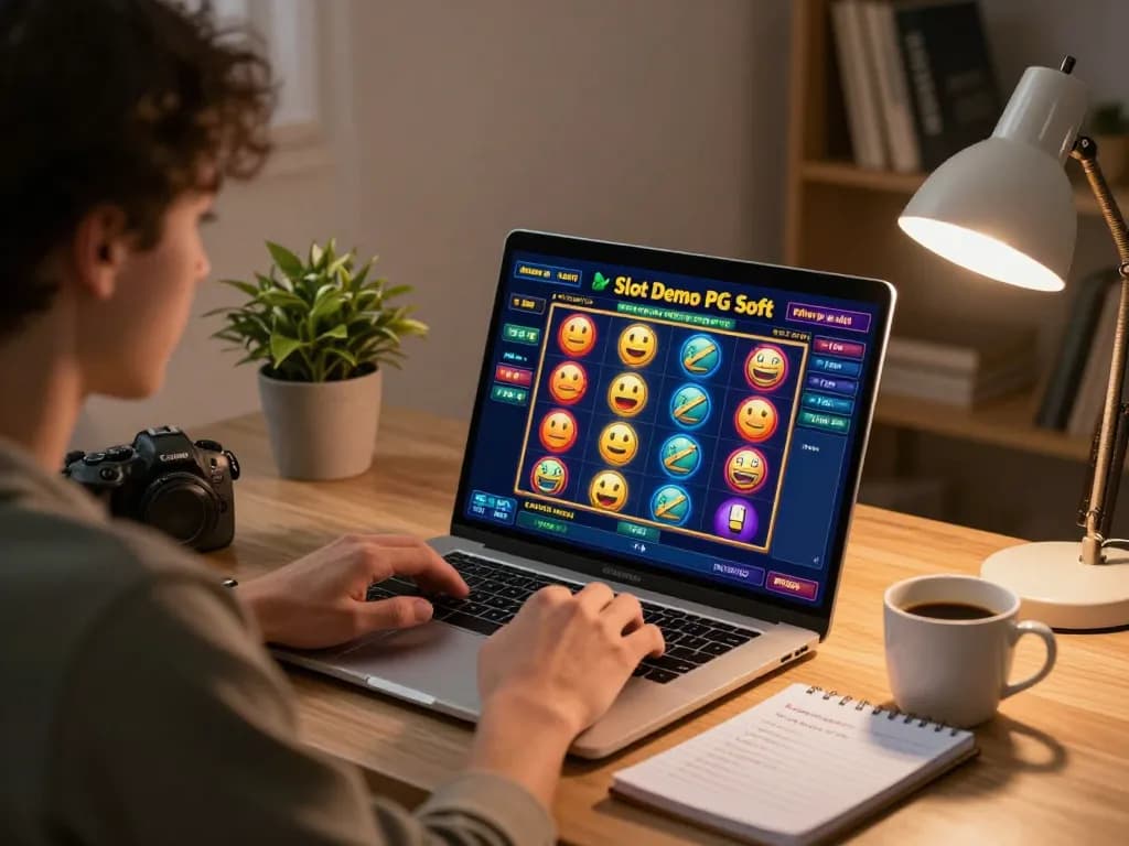 Pemain menikmati Slot Demo PG Soft Mirip Asli secara online, menampilkan antarmuka berwarna-warni dan catatan strategi.