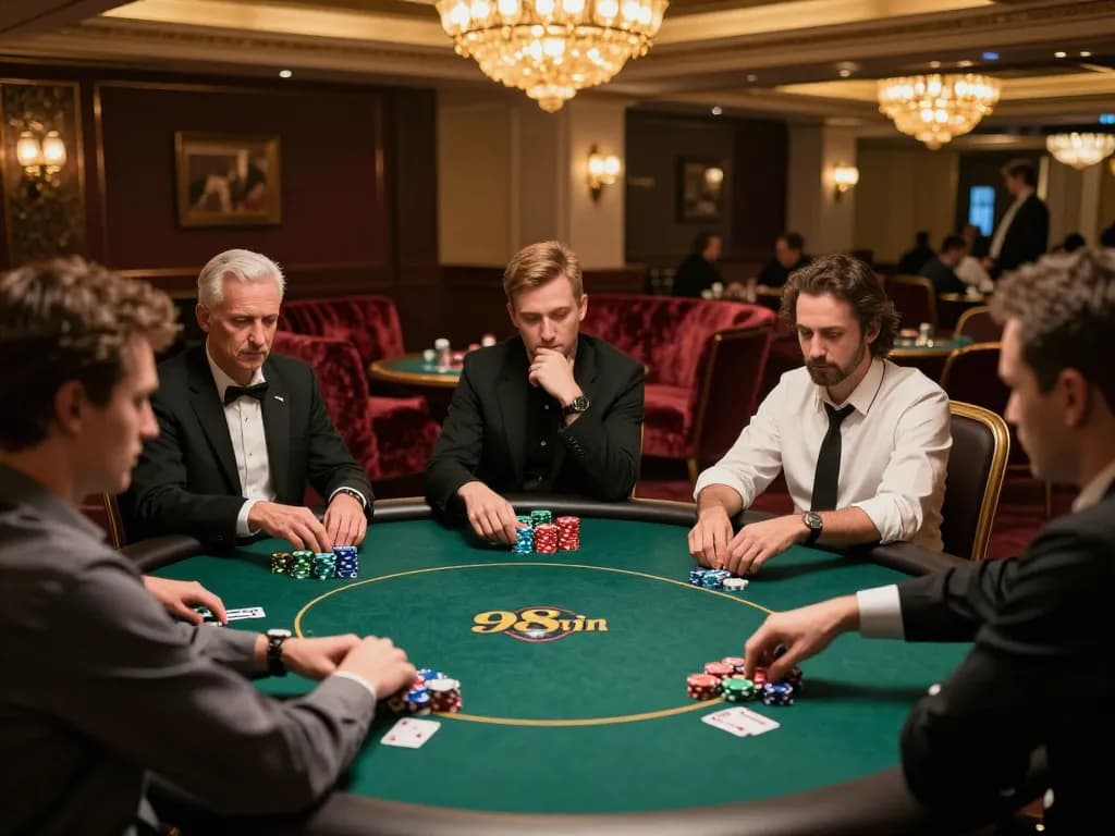 Intense poker game at 98win with players focused on strategy and betting action