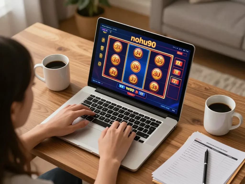 Play nohu90 online casino games on a laptop in a cozy home office setup.