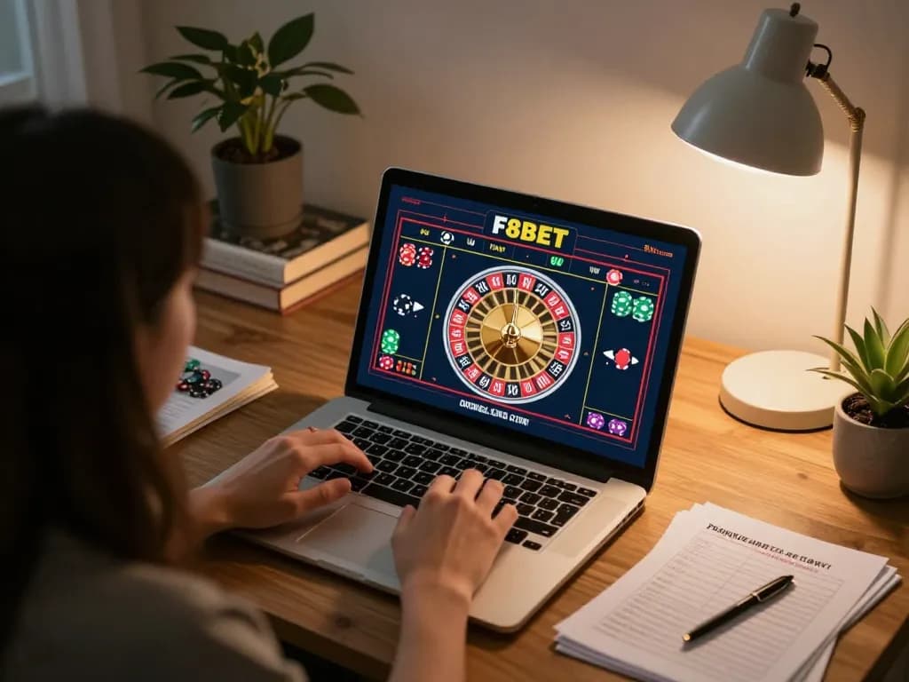 Person strategizing bankroll management while playing F8BET roulette online at home.