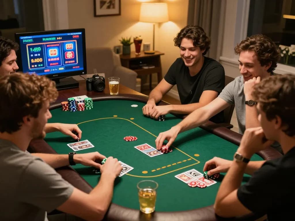 Engaging friends playing poker while enjoying slot pulsa games on a digital screen.