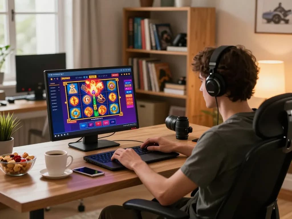 Nohu online casino gaming setup showcasing an engaging slot game experience in a cozy home office.