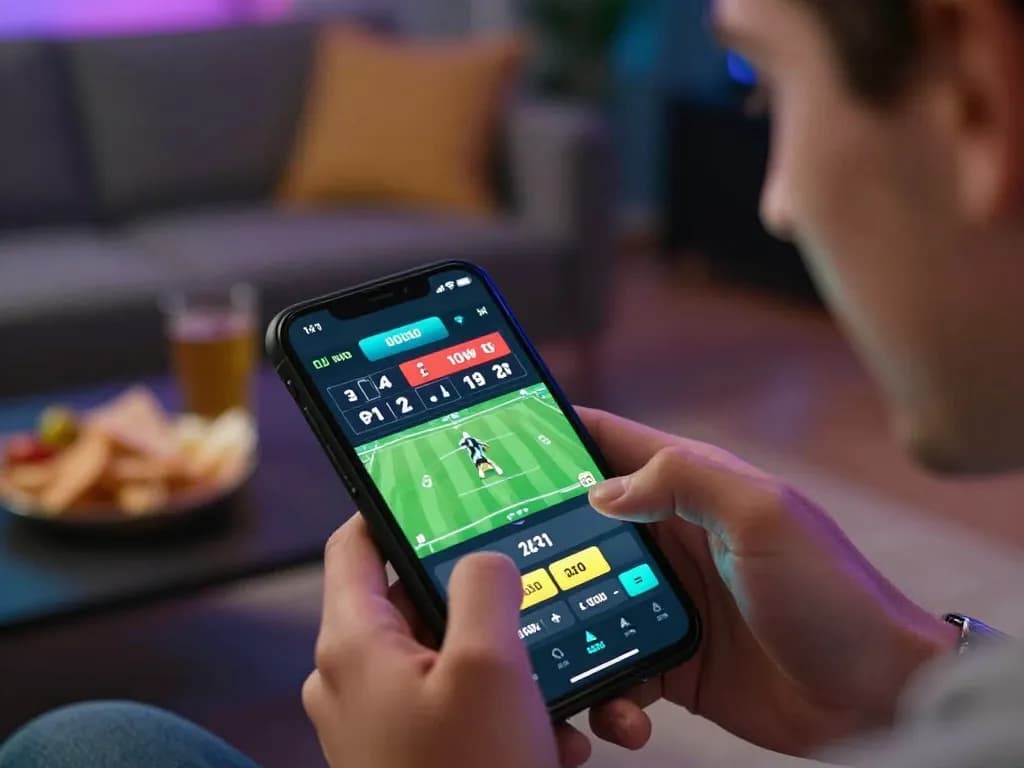 Player using RR88 mobile app for live sports betting, showing excitement and strategy in a cozy setting